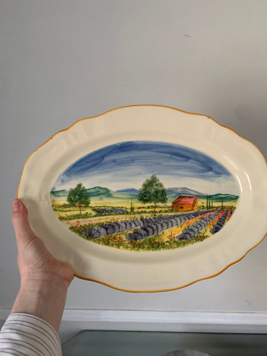 Beautiful Atelier du Sage 5.5” square ceramic coin dish trinket dish depicting olive field with lilacs. Made in France. Glossy finish.