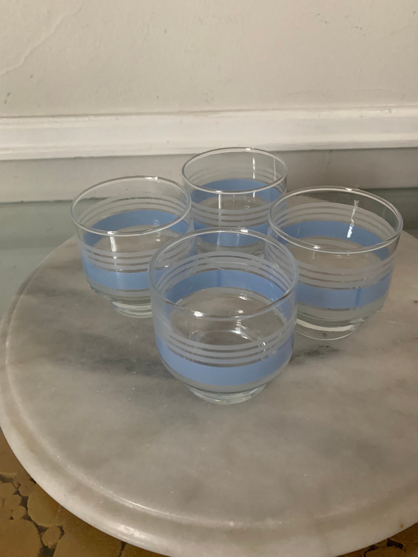 Vintage Set of 4 Short Blue Stripe Libbey Juice Glasses