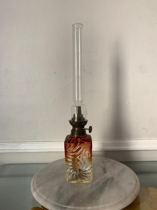 Antique French Ombre Rose Crystal Oil Kerosene Table Lamp in the Style of Baccarat with Tall Glass Lantern