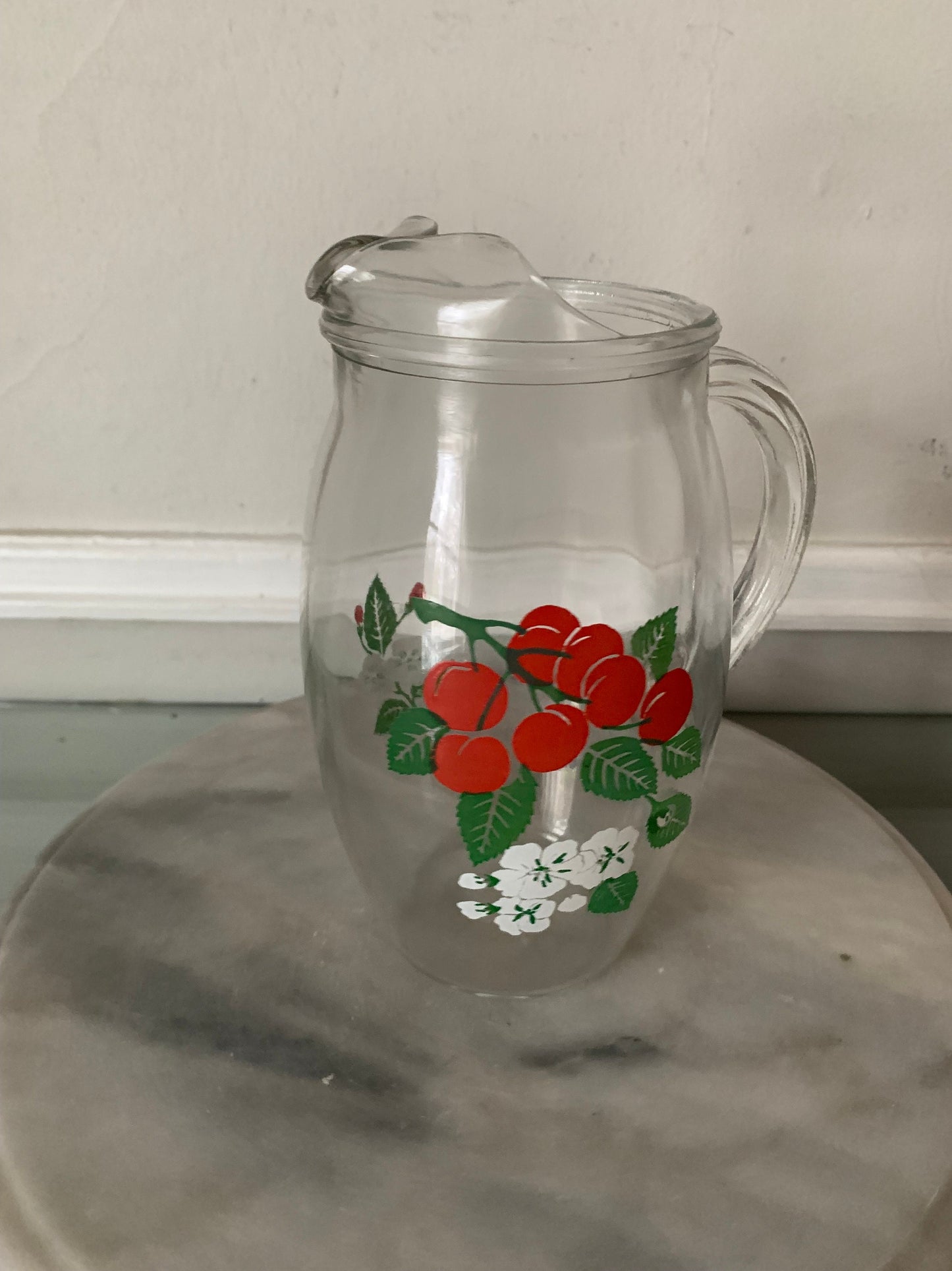 Vintage Small Red Cherry Glass Pitcher with Handle