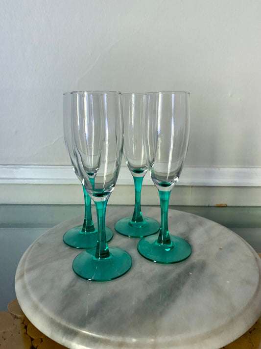 Vintage Set of 4 Teal Stem Champagne Flutes