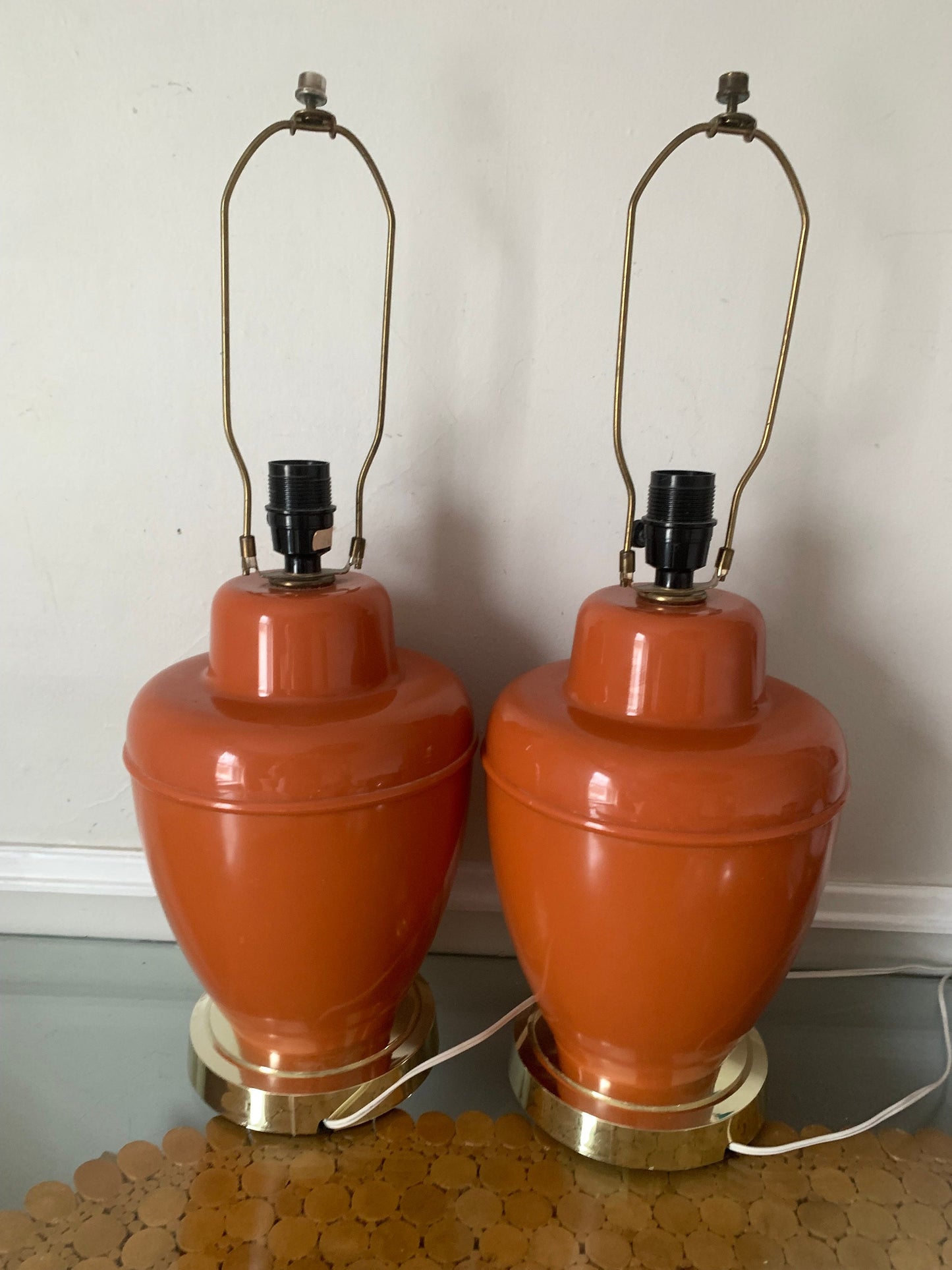 Pair Of MCM GILBERT SOFTLITE Burnt Orange Acrylic Lamps No Shades