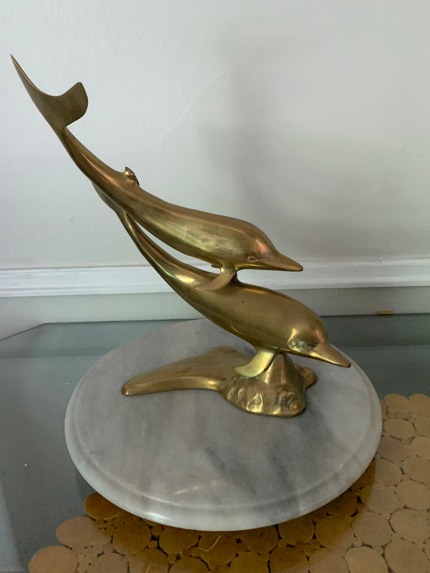 Large Vintage Pair of brass dolphins sculpture