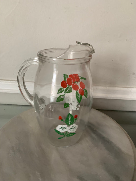Vintage Small Red Cherry Glass Pitcher with Handle