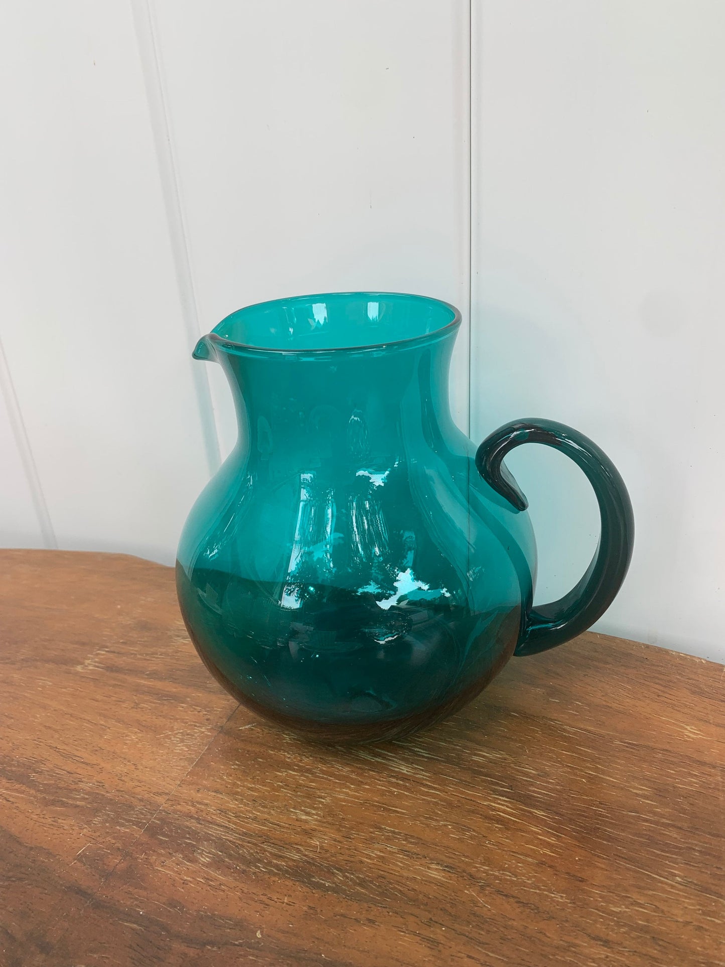 Small Retro Clear Deep Turquoise Pitcher