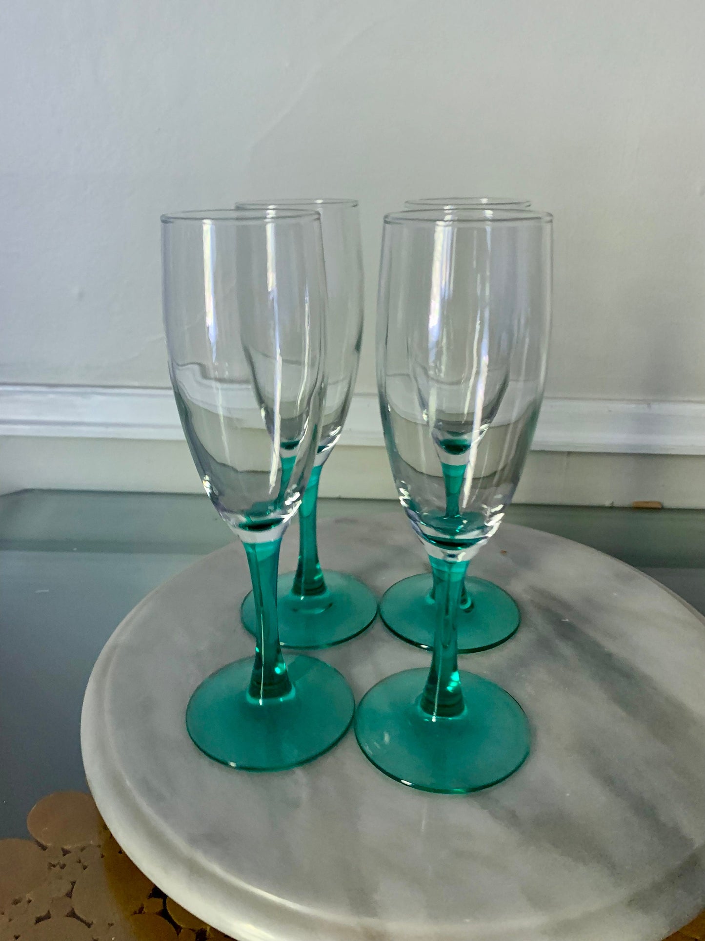 Vintage Set of 4 Teal Stem Champagne Flutes