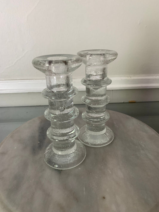 Pair of MCM Scandinavian 3 Ring Crystal Candle Holder