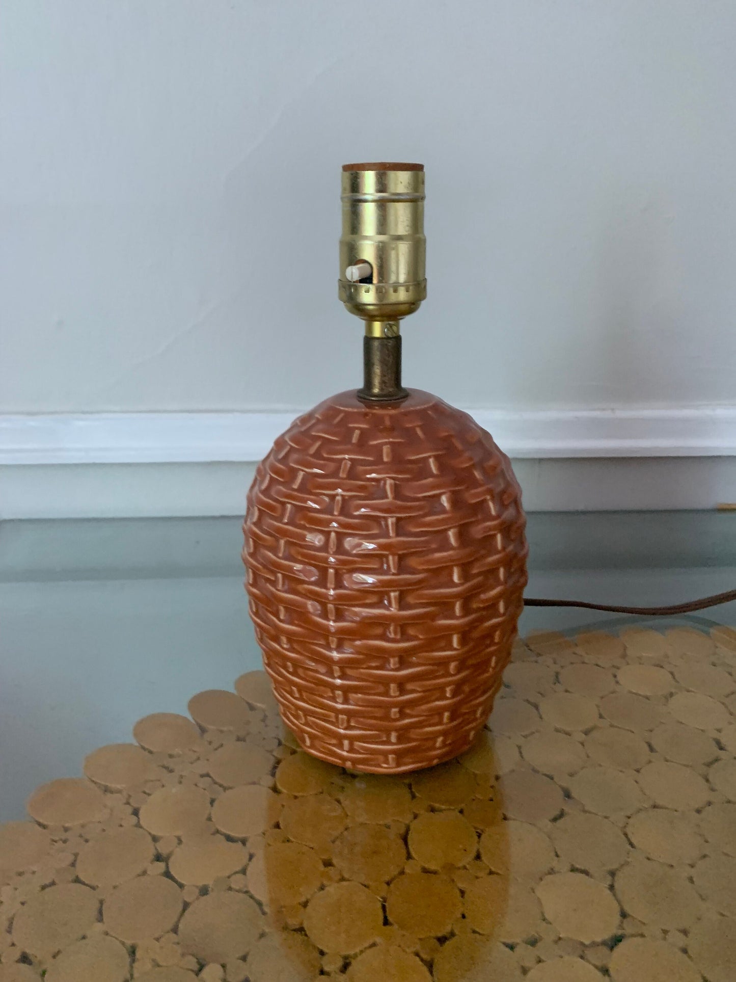 Vintage Small Orangey Brown Ceramic Basketweave Lamp No Shade