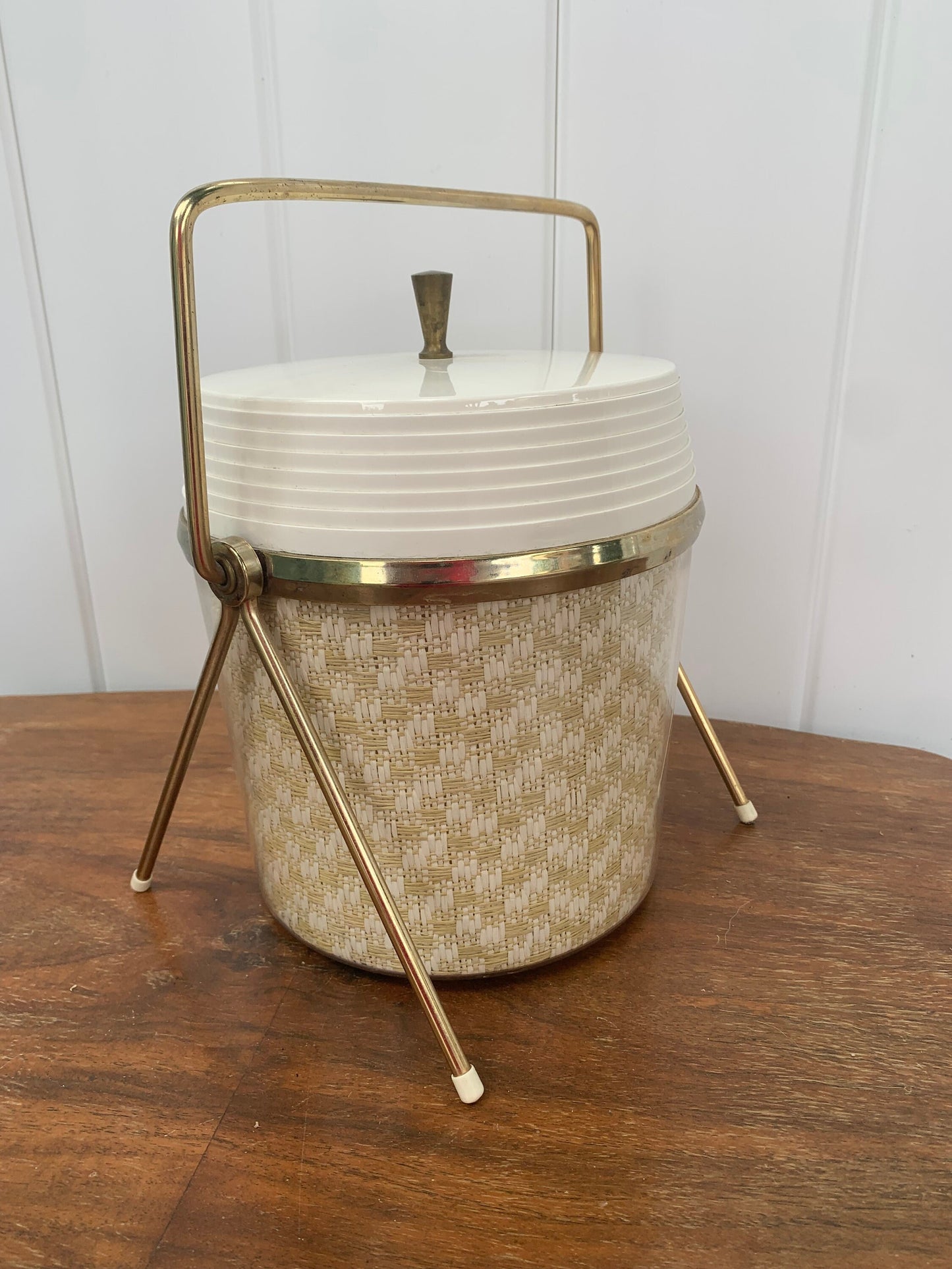 MCM White Woven Raffia Insulated Ice Bucket with Brass Stand