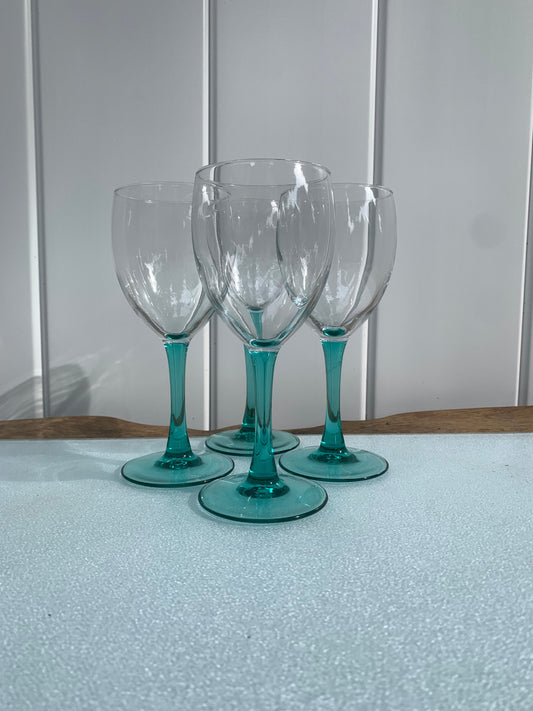 Retro Set of 4 Deep Teal Stem Wine Glasses
