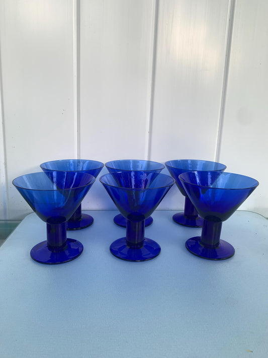 Vintage Set of 6 Short Cobalt Blue Martini Glasses