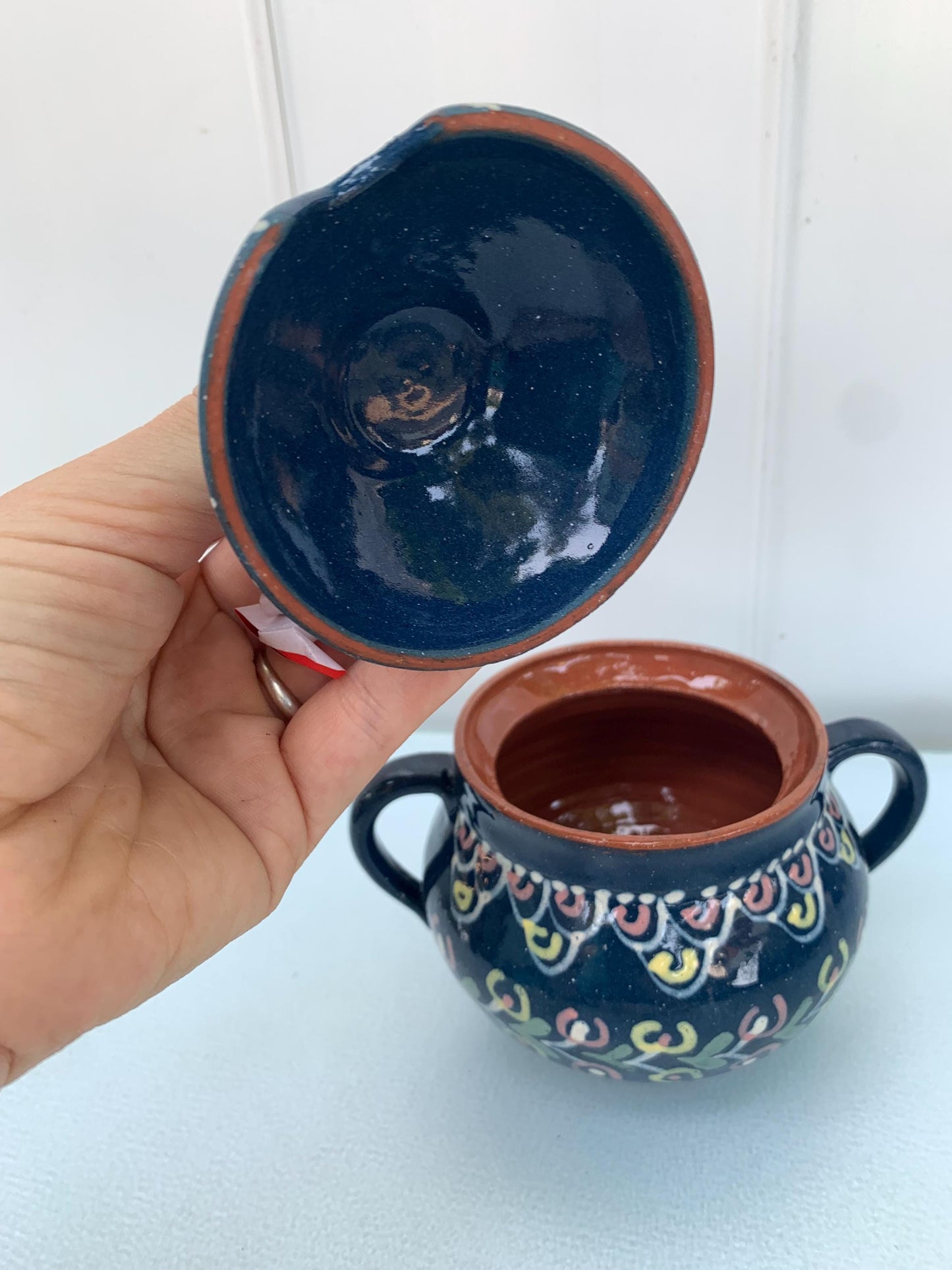 Hand Painted Blue Pink and Yellow Terra Cotta Sugar Bowl
