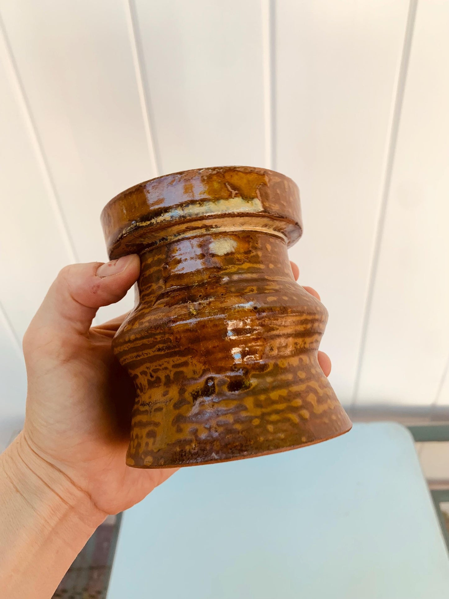 MCM Brown Drip Glaze Pottery Candle Holder