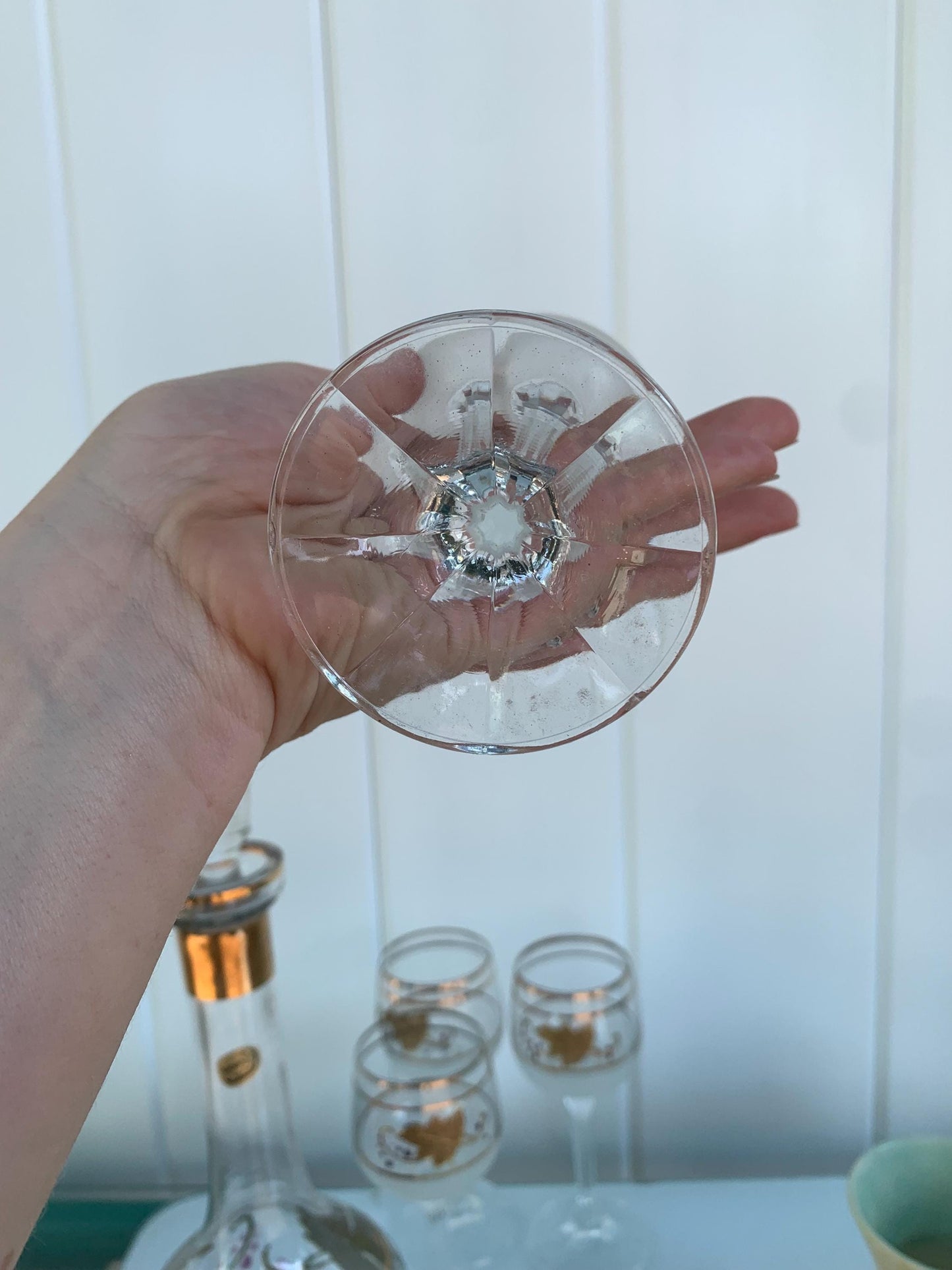 Vintage Set of Bohemia Crystal Decanter with 6 Satin Glasses and Gold Wine Glasses