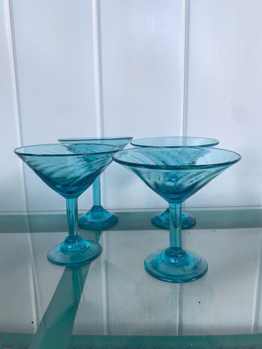 Vintage Set of 4 Handblown Aqua Blue Swirl Martini Glasses