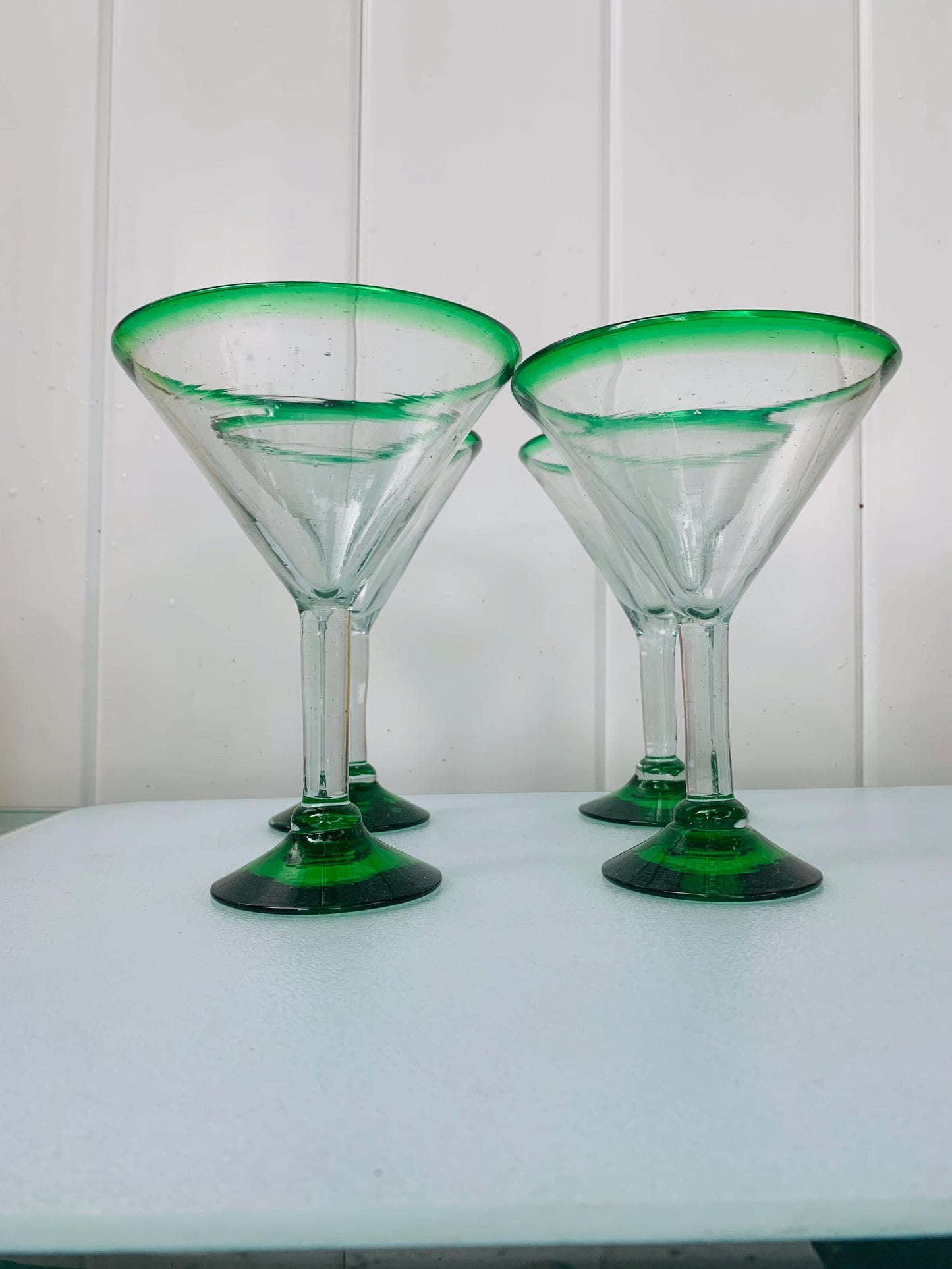 Retro Set of 4 Hand-Made Mexican Green Rimmed Martini Glasses