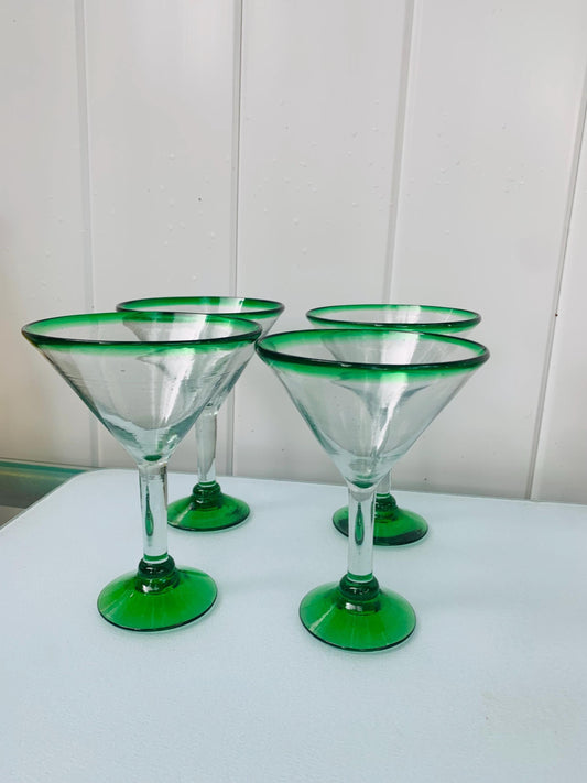 Retro Set of 4 Hand-Made Mexican Green Rimmed Martini Glasses