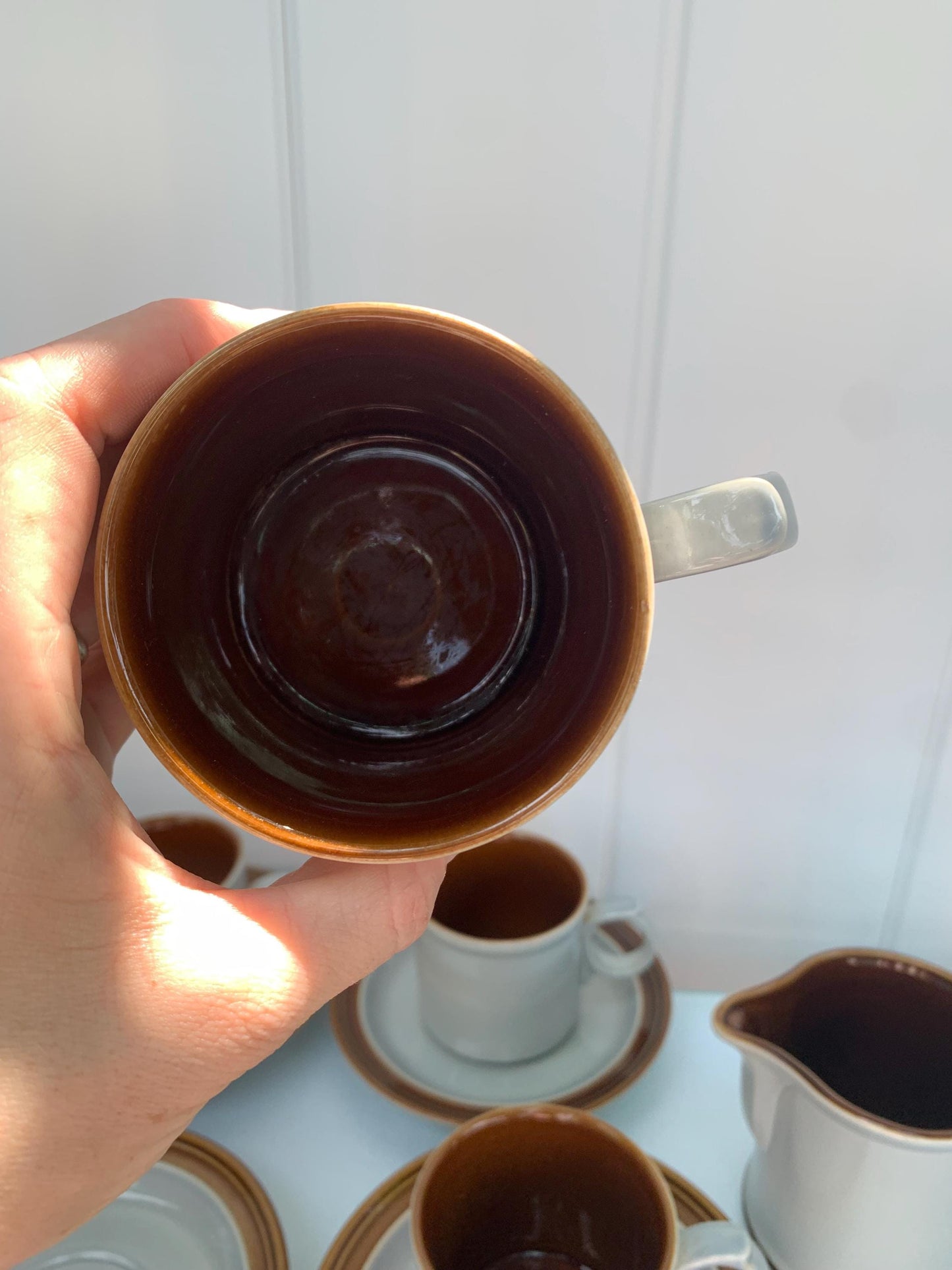 Vintage Johnson Bros Set of 4 Light Blue and Dark Brown Cups and Saucers with Creamer Made in England