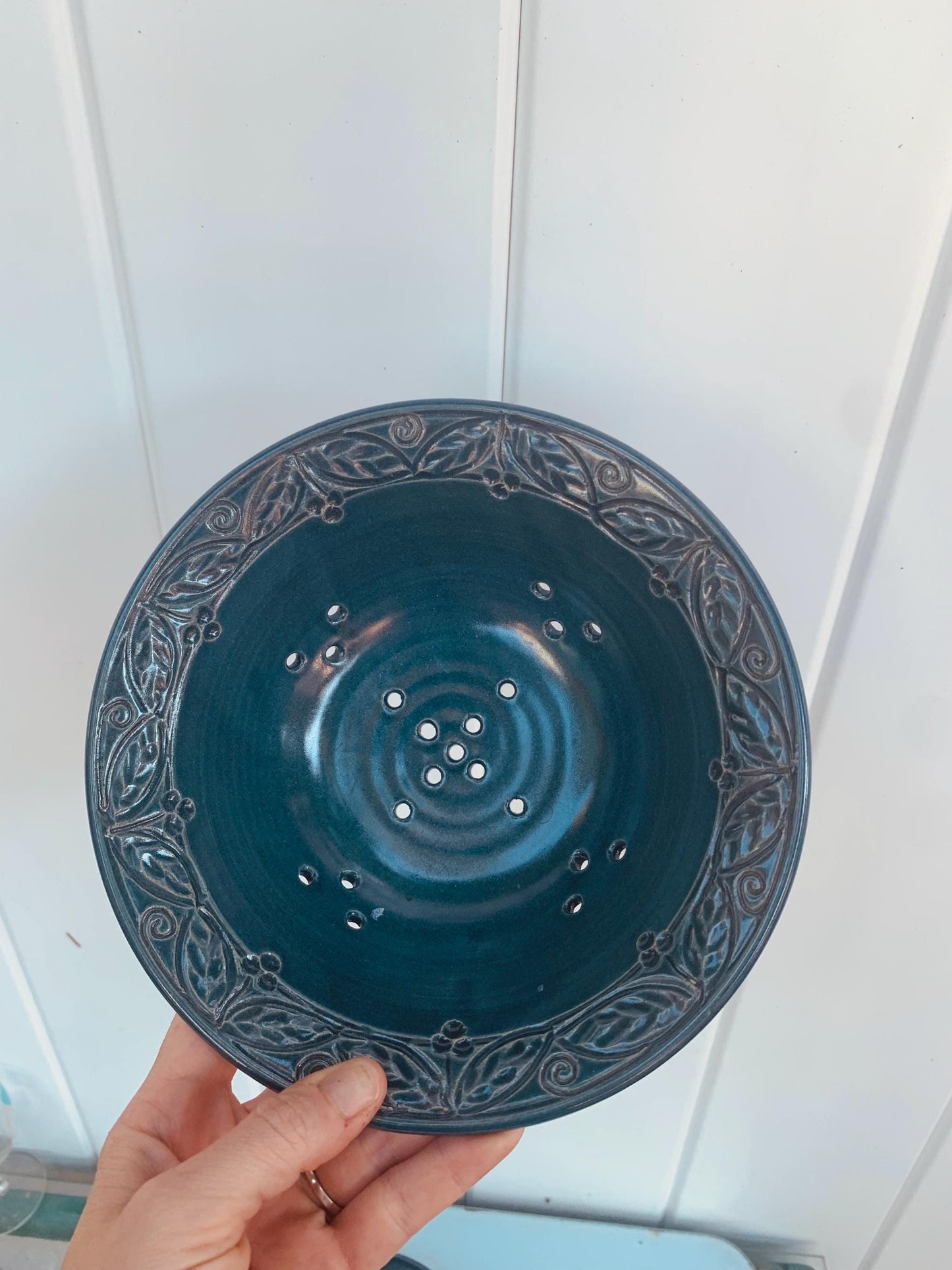 Pair of Studio Pottery Blue Sieve Bowl & Plate Pottery Set