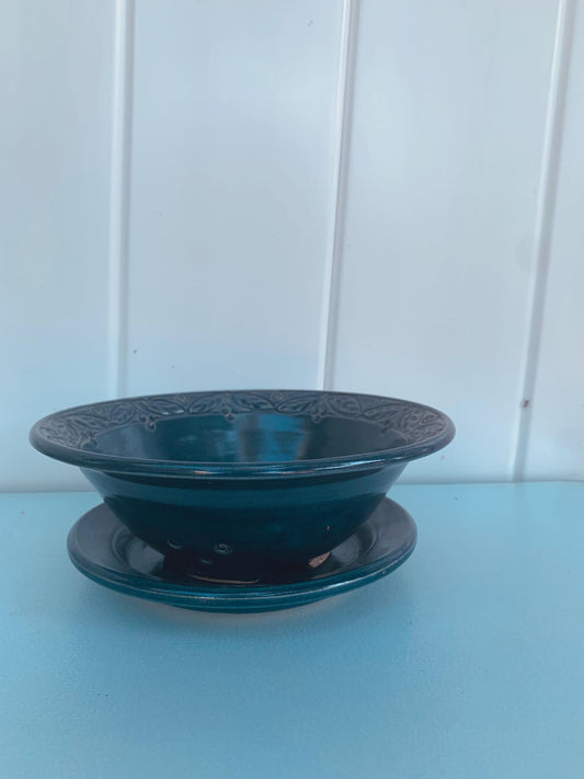 Pair of Studio Pottery Blue Sieve Bowl & Plate Pottery Set