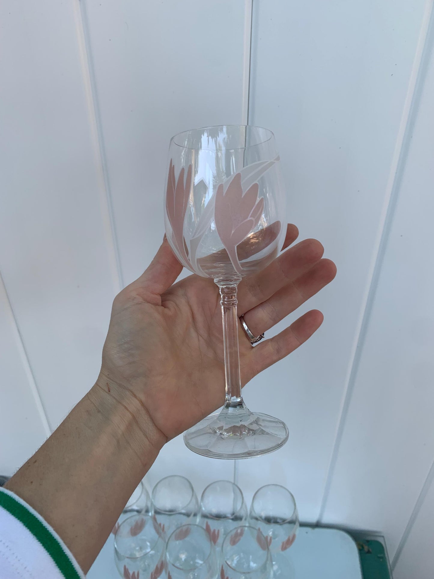 Set of 8 Vintage Czechoslovakian Bohemian Hand Painted Pink Tulip Crystal Wine Glasses