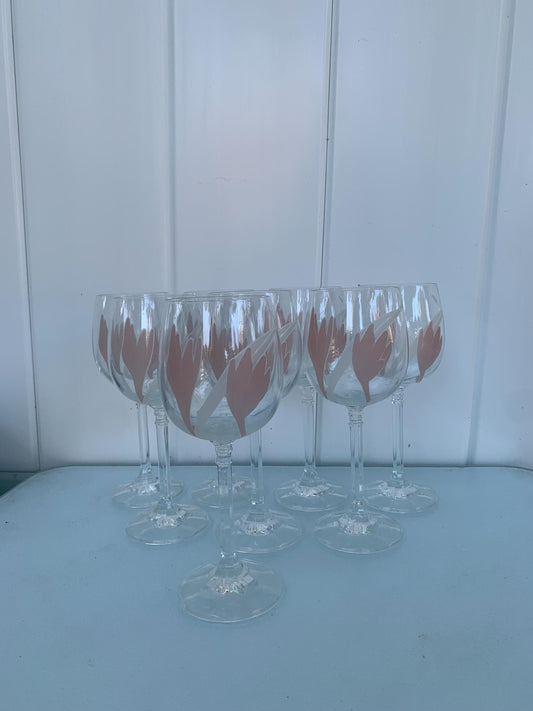Set of 8 Vintage Czechoslovakian Bohemian Hand Painted Pink Tulip Crystal Wine Glasses