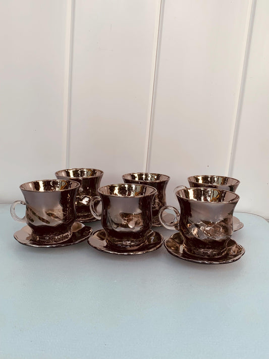 Set of 6 Vintage Silver Fade Glass Cups & Saucers