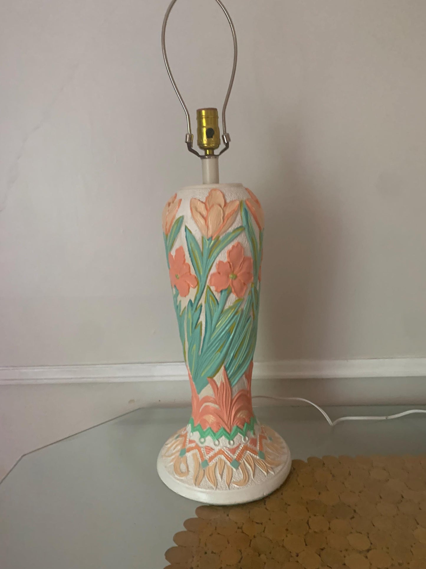 Retro Extra Tall Green and Pink Floral Plaster Table Lamp No Shade