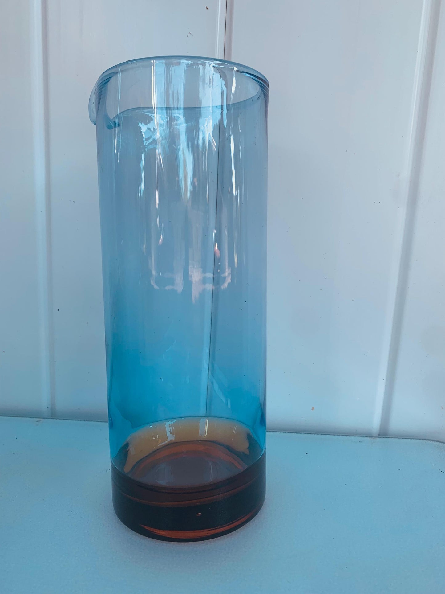 Tall Retro Blue Glass Martini Pitcher with Brown Base