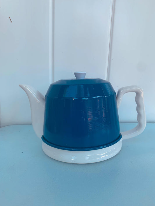 Vintage White Ceramic Teapot with Removable Blush Coloured Metal Insulator Cover