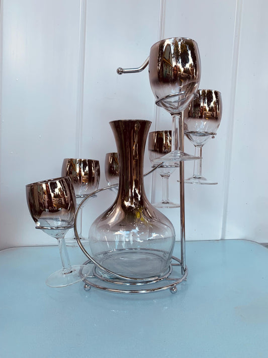 MCM Silver Fade Wine Glasses and Decanter set with Chrome Caddy