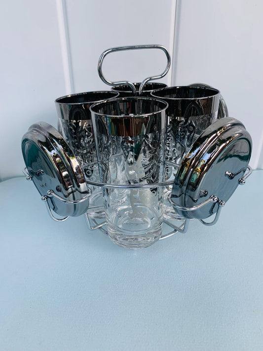 Set of 4 Vintage Crest Design Silver Fade Tumblers & Coasters in Chrome Caddy