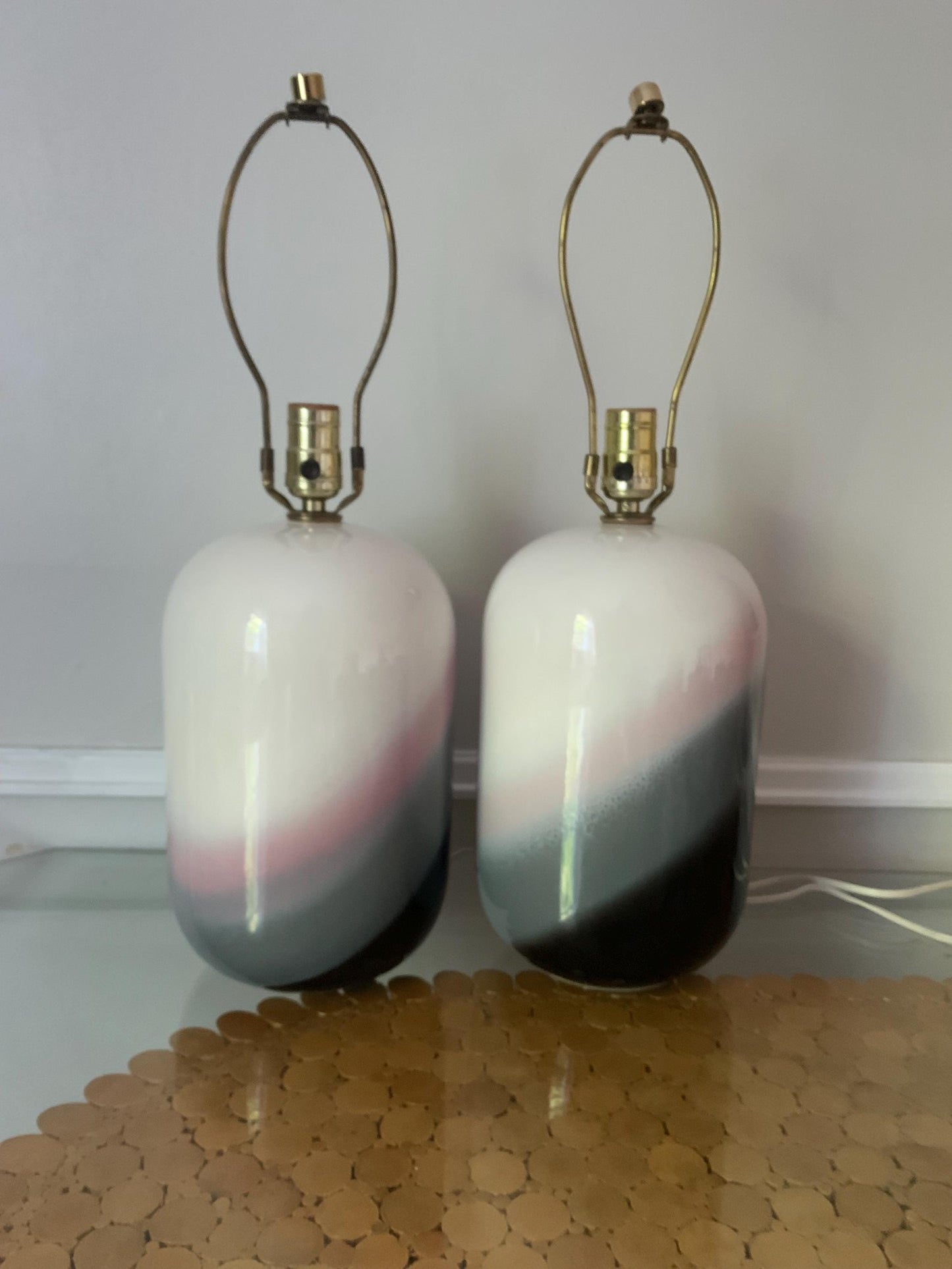 Pair of Retro Medium Pink Black and White Pill Shaped Ceramic Lamps No Shades