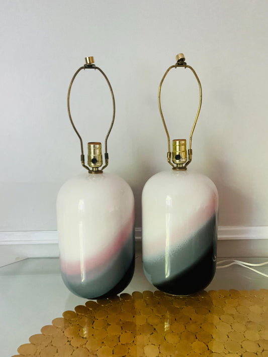 Pair of Retro Medium Pink Black and White Pill Shaped Ceramic Lamps No Shades