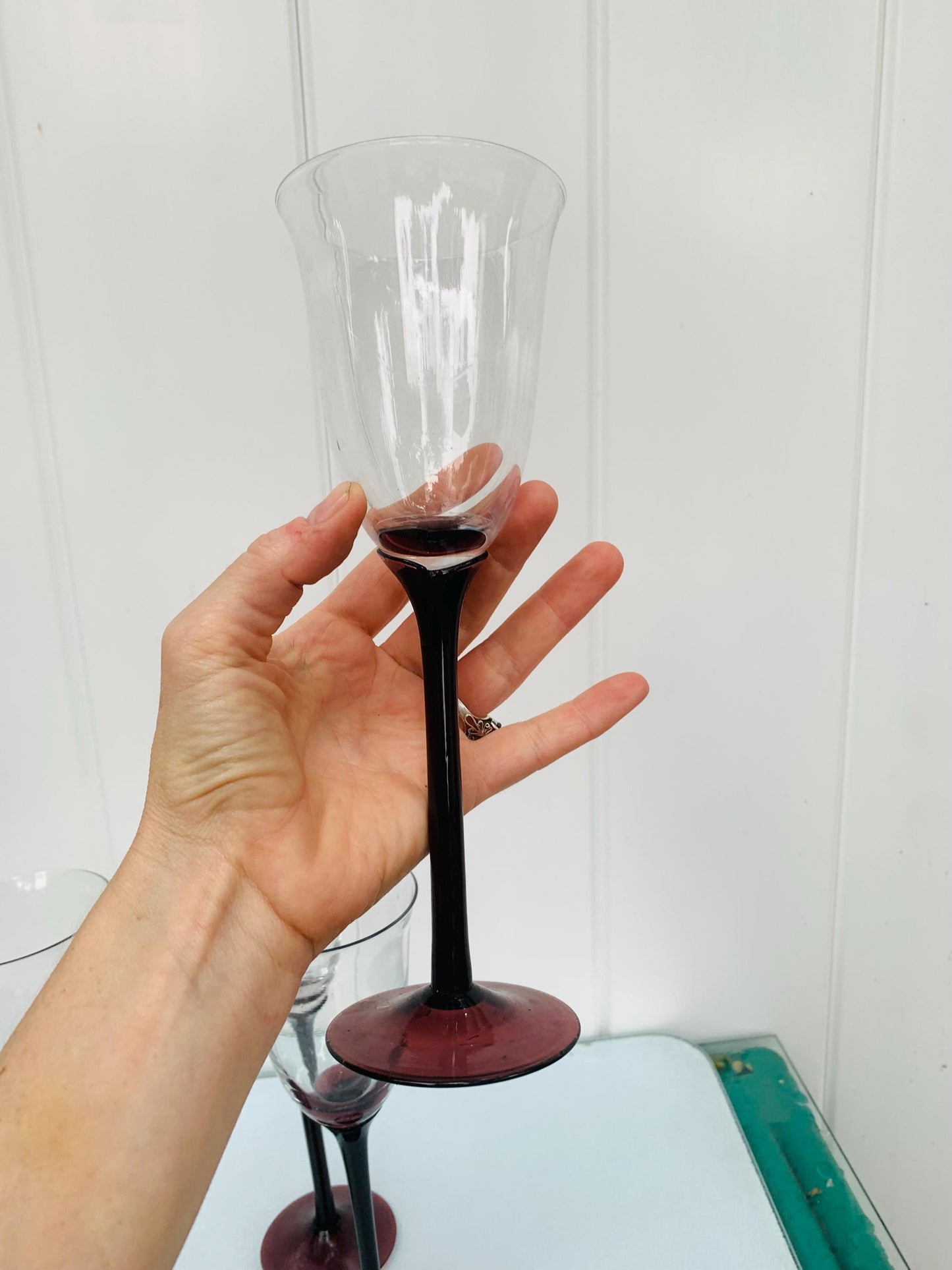 Vintage Set of 4 Tall Amethyst Stem Wine Glasses