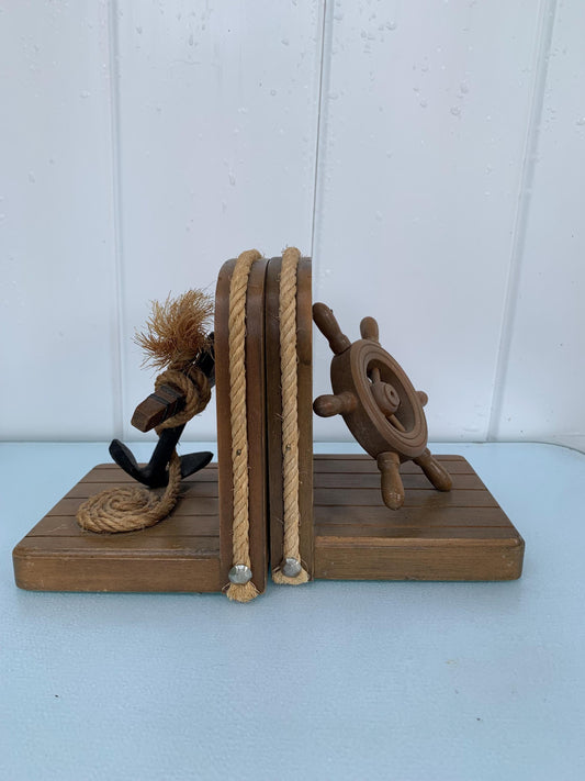 MCM Anchor & Ship Wheel Wooden Bookends