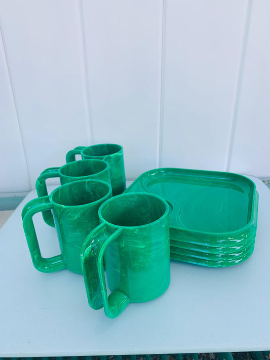Vintage Set of 8 Marbled Green Sheino Industries Inc Plates and Mugs Made in USA
