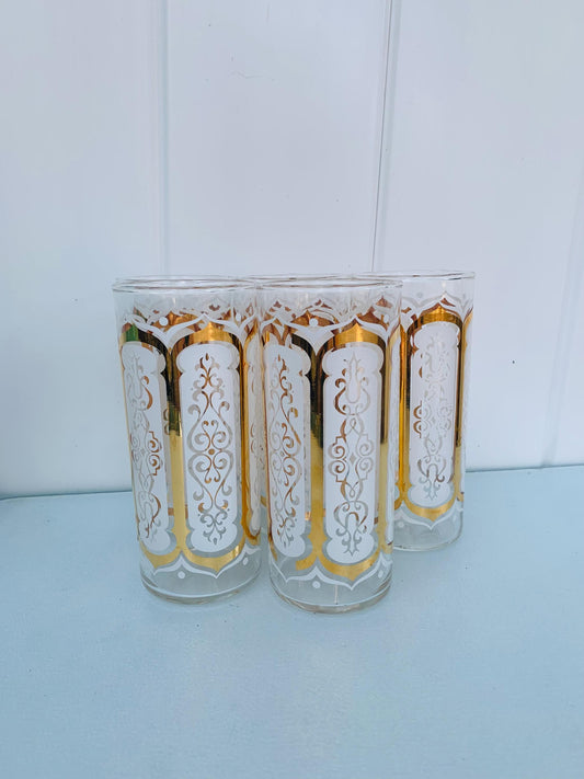 MCM Set of 5 Gold & White Glass Tumblers