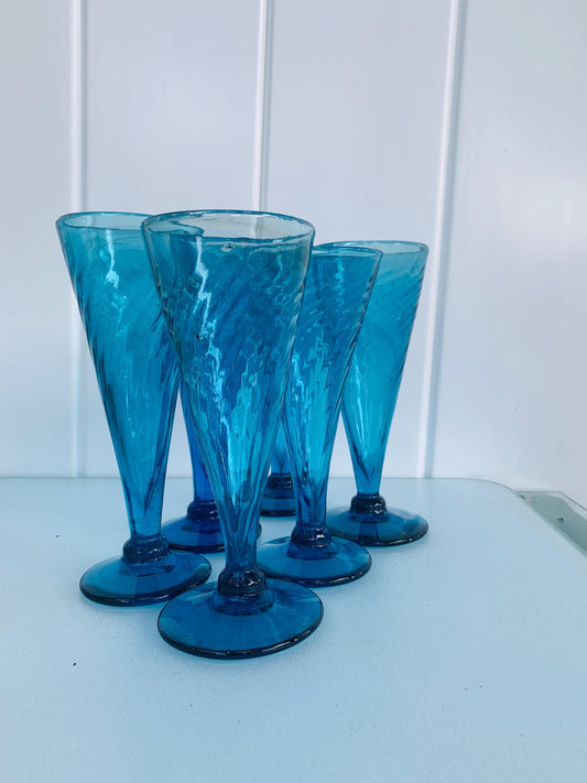 Set of 6 Handblown Blueberry Glass Swirl Wine Glasses