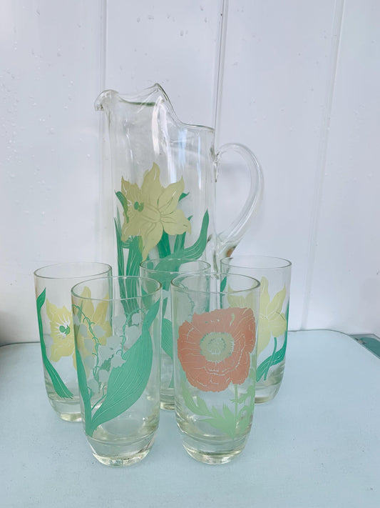 Vintage Set of 5 Floral Glasses with Tall Pitcher