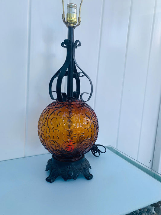 MCM Amber Glass Globe Tri-Lite Lamp with Black Metal Details No Shade