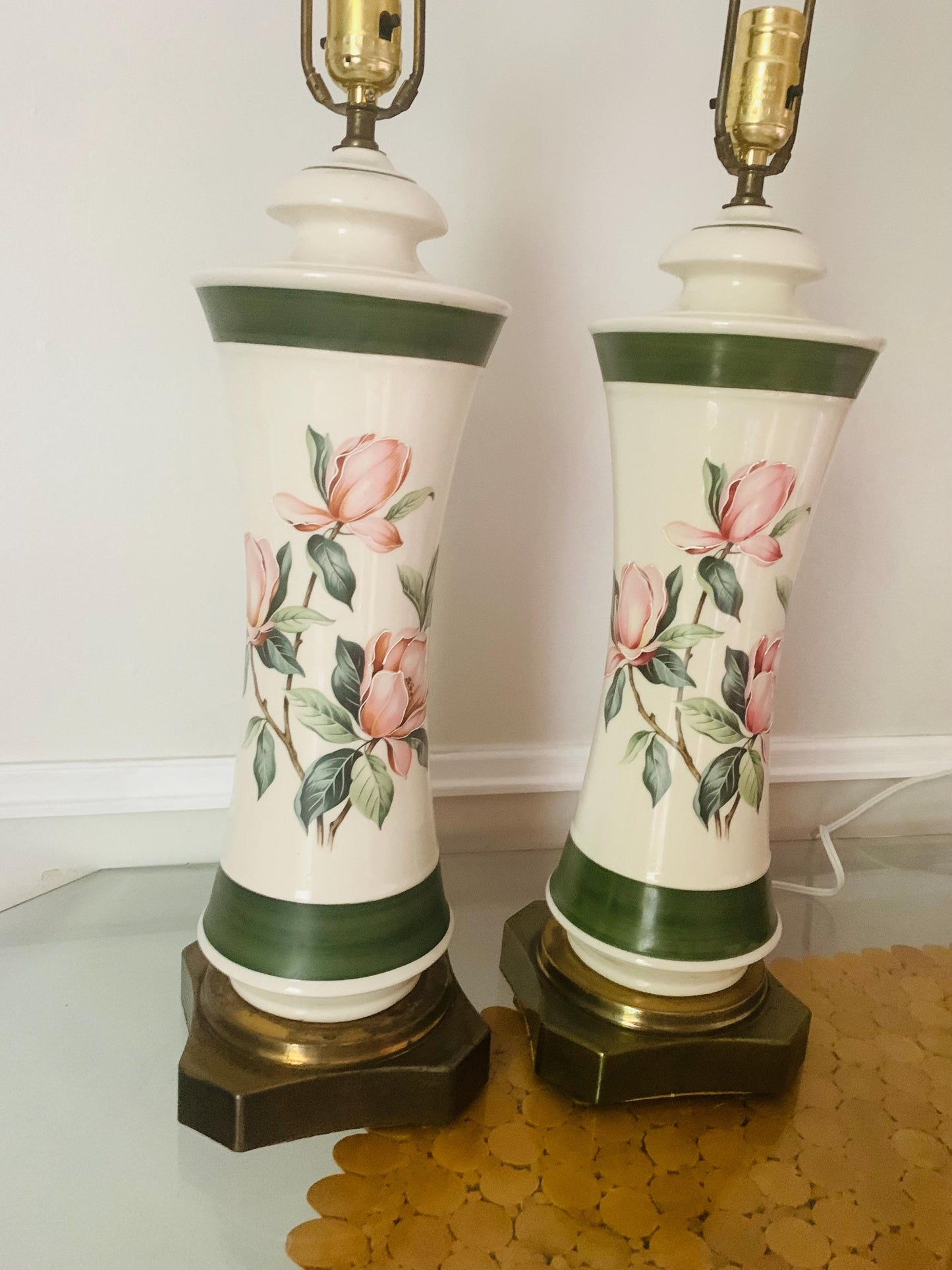 Pair of Vintage Cream Ceramic Lamps with Flowers and Brass Base No Shades
