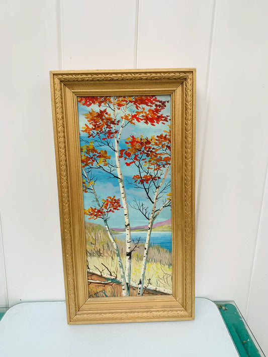 Tall Vintage Birch Tree Painting in Gold Wood Frame