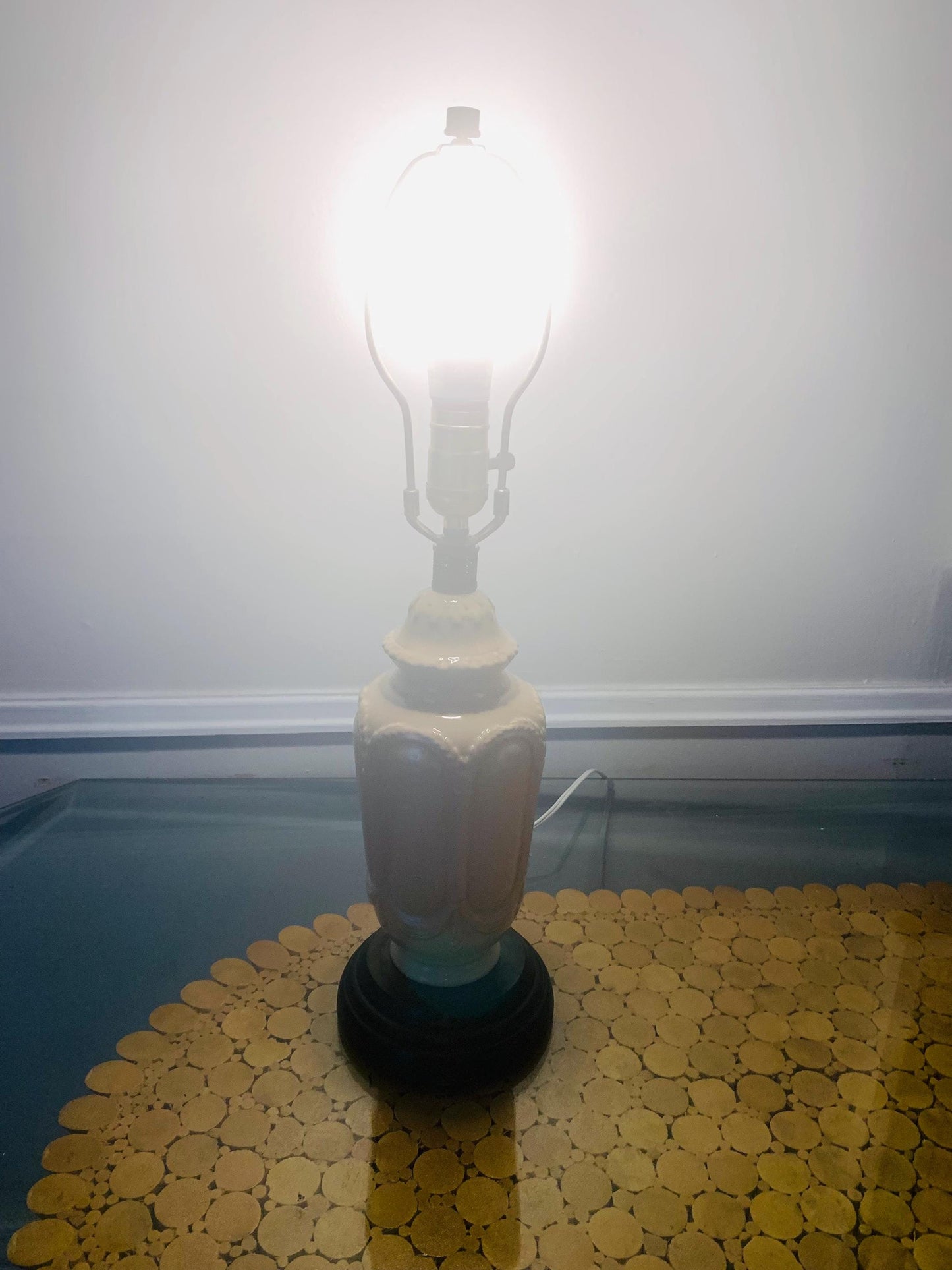 Antique Medium Cafe Au Lait Ceramic Table with Wood Base Lamp No Shade