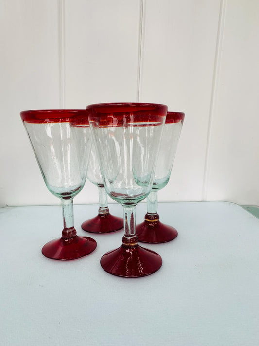 Retro Set of 4 Large Clear Glass and Red Rim Soda Glass Wine Glasses