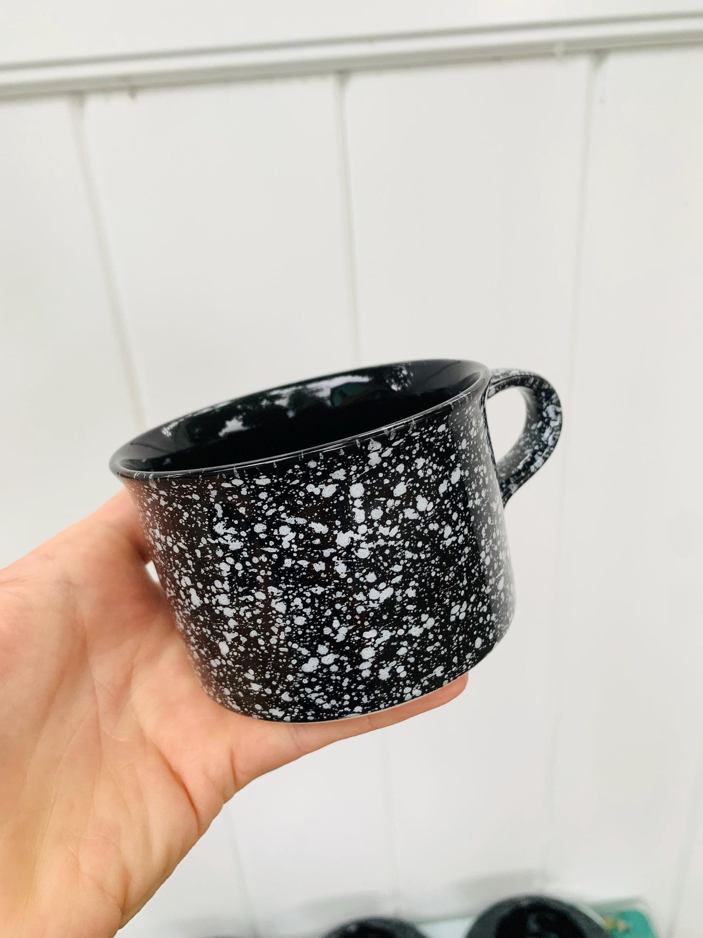 Set of 4 Retro Mikasa Black Spatter Ultrastone Cups and Saucers Made in Japan 4 Sets Available