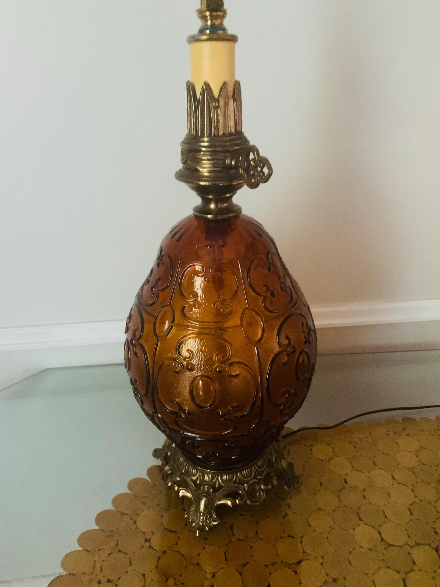 MCM Extra Large Eggshaped Embossed Amber Glass Globe Lamp with Brass Details No Shade