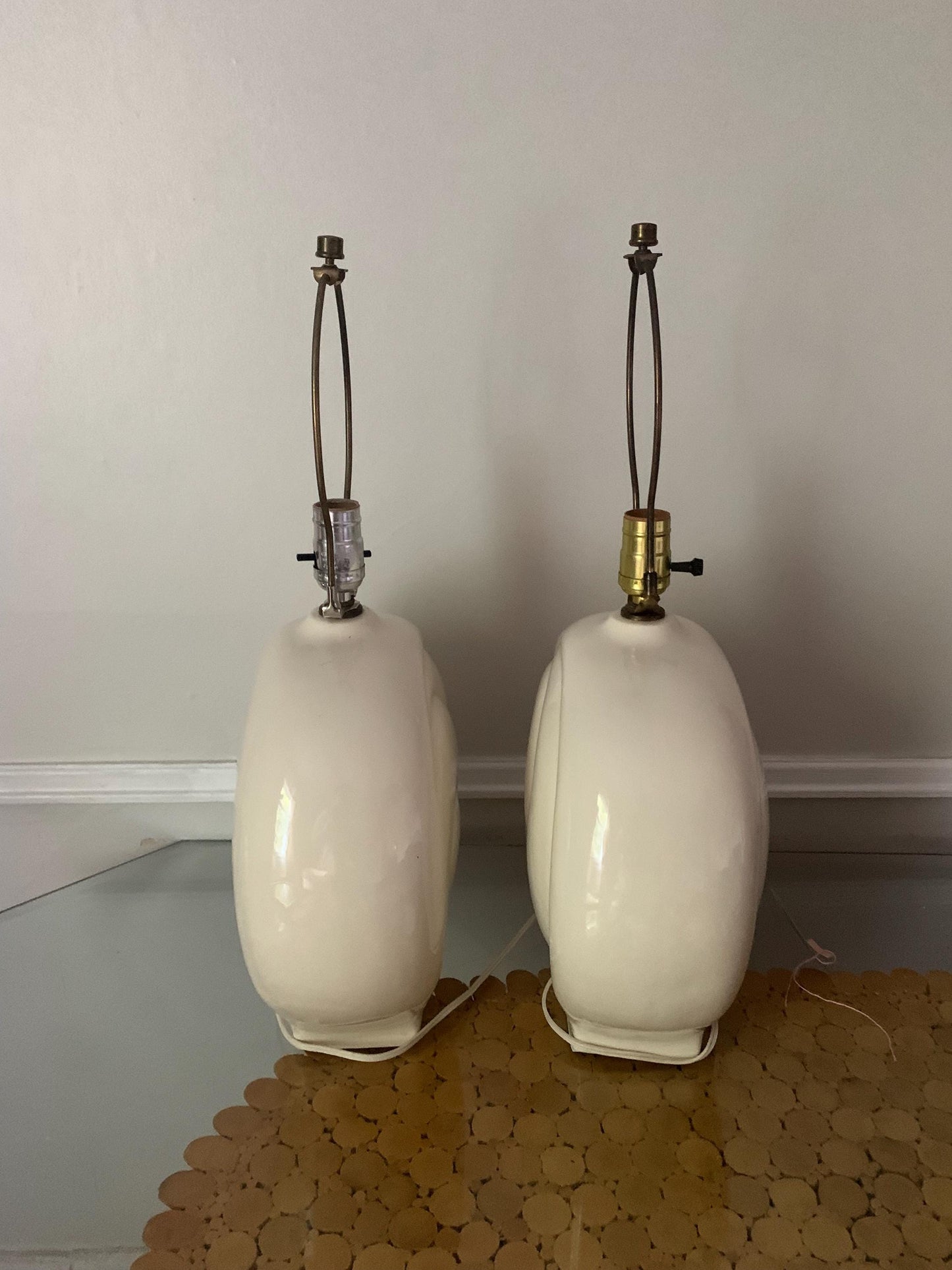 Vintage Pair of Large Cream Ceramic Swirl Lamps No Shades