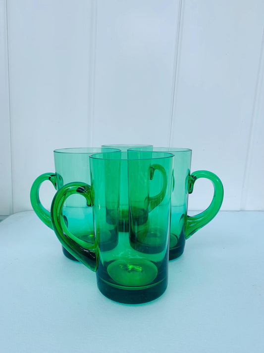 Set of 4 Vintage Emerald Green Glass Mugs with Applied Handle 16 oz