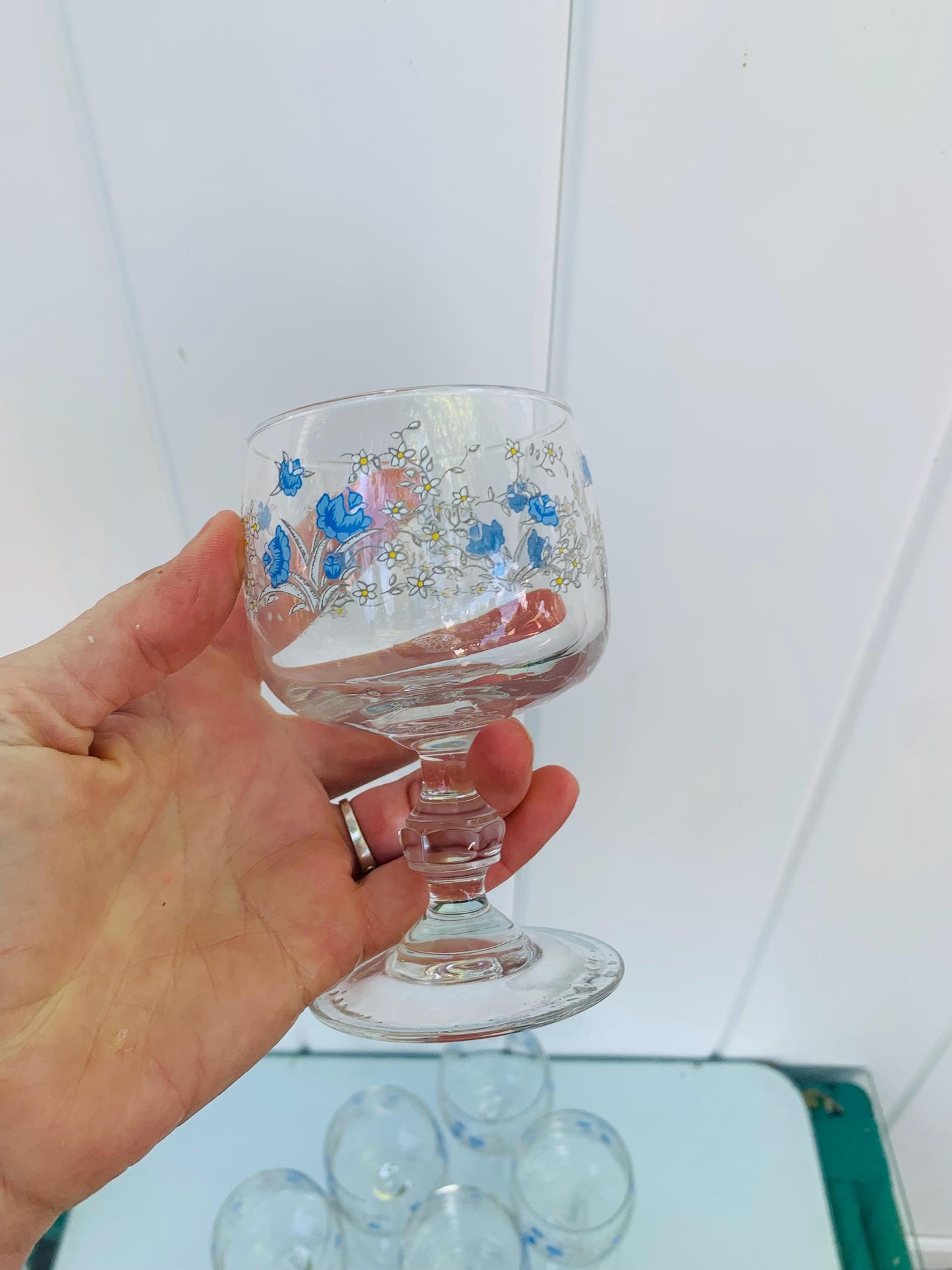 Set of 6 Retro Blue Flower Wine Glasses